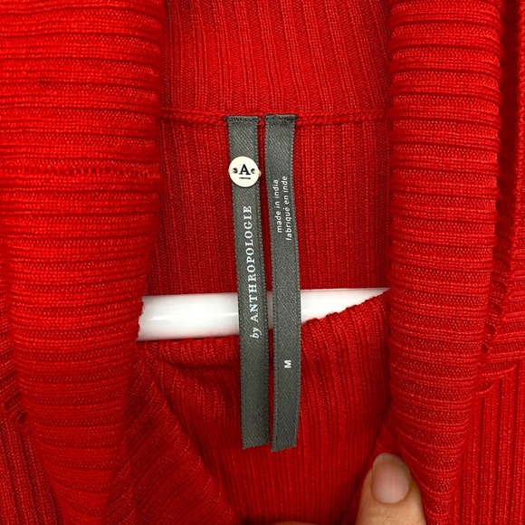 Anthropologie Red Ribbed Turtleneck Puff Shoulder Sweater Medium Long Sleeve - Picture 11 of 13